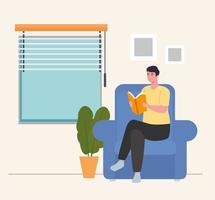 homme sur la chaise lisant un livre à la maison vector design