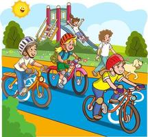 les enfants cyclisme et faire de la planche à roulettes le bicyclette chemin dessin animé vecteur