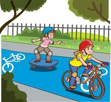 les enfants cyclisme et faire de la planche à roulettes le bicyclette chemin dessin animé vecteur