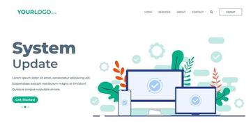 Logiciel mise à jour Achevée sur le écran de bureau ordinateur, ordinateur portable, téléphone intelligent. plat vecteur illustration pour atterrissage page, interface utilisateur, mobile app
