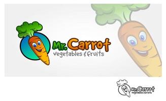m. carotte légume et des fruits vecteur logo modèle. Frais Orange carotte légume avec une souriant visage et touffe de vert sur haut, logo dessin animé illustration.
