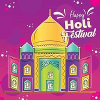 coloré Holi Festival affiche avec un hindou religieux bâtiment vecteur illustration