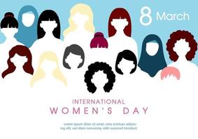 groupe de femmes et divers nationalités avec formulation de aux femmes journée sur bleu Contexte vecteur