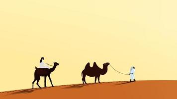 une caravane de chameaux avec gens en marchant le long de le désert sable. une homme monte une chameau. le seconde la personne pistes le chameau plus de le laisse. vecteur eps10.