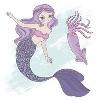calamar Sirène Princesse fille mer animal vecteur illustration ensemble