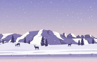 paysage d'hiver enneigé avec arbres, montagnes et cerfs vecteur