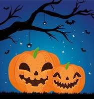 joyeux halloween bannière avec citrouilles, arbre sec et chauves-souris volant vecteur
