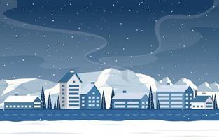 scène de ville d'hiver enneigée avec des montagnes, des maisons et des arbres vecteur