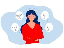 imposteur syndrome, les filles triste couvrant visage expressions ,problèmes, bipolaire, désordre hypocrisie, et Divisé personnalité mental santé maladies et psychologique problèmes concept vecteur illustrateur