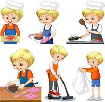 ensemble d & # 39; un garçon faisant différents travaux ménagers vecteur