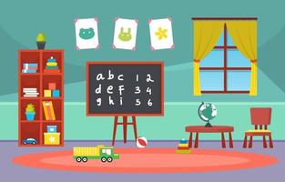 Classe colorée de maternelle ou d'école élémentaire avec illustration de bureaux et de jouets