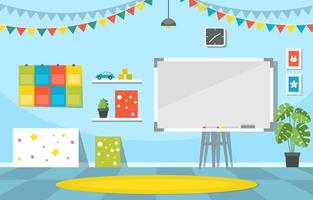 Classe colorée de maternelle ou d'école élémentaire avec illustration de bureaux et de jouets vecteur
