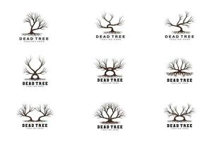 création de logo d'arbre, illustration d'arbre mort, coupe d'arbre sauvage, vecteur de réchauffement climatique, sécheresse de la terre, icônes de marque de produit