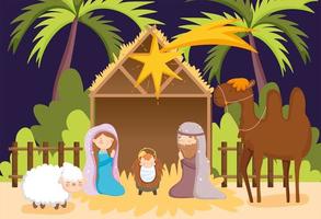 joyeux noël et affiche de la nativité avec famille sacrée et crèche vecteur