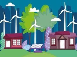 maisons et paysage urbain avec des éoliennes et des panneaux solaires pour le concept d & # 39; écologie vecteur