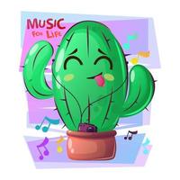 plante de cactus dansant avec un visage heureux. succulent avec le joueur. style cartoon avec slogan, musique en direct. vecteur