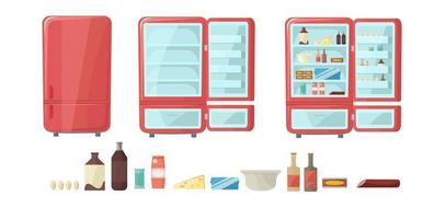 frigo plein de nourriture. ensemble réfrigérateur vide et fermé. refroidisseur ouvert. illustration vectorielle en style cartoon.