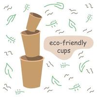 respectueux de la nature en buvant lunettes. éco amical tasses. papier carton ustensiles. mignonne illustration avec café tasses. zéro vaste des produits. plat style vecteur illustration.