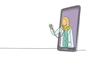 Un seul dessin au trait une femme médecin hijab sort de l'écran du smartphone tenant un stéthoscope. services médicaux en ligne, consultation médicale. ligne continue dessiner illustration vectorielle graphique de conception vecteur