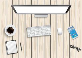 bureau de travail réaliste. table de bureau vue de dessus. ordinateur personnel avec clavier, smartphone, lunettes, note ouverte sur un bureau en bois. vecteur