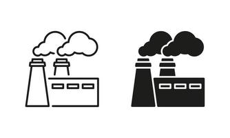 centrale électrique avec ligne de fumée et jeu d'icônes de silhouette. pictogramme d'usine industrielle. collection de symboles de pollution nucléaire de production végétale sur fond blanc. illustration vectorielle isolée. vecteur