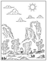 main dessin désert cactus paysage coloration page pour enfant vecteur