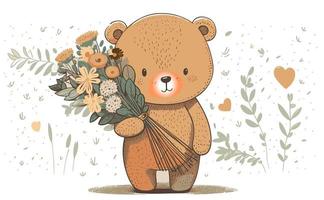 dessin peu ours avec une bouquet de fleurs vecteur