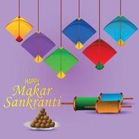 makar sankranti cerfs-volants colorés avec des bobines de cordes vecteur