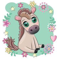 cheval de dessin animé mignon, poney pour carte avec fleurs, ballons, coeur vecteur