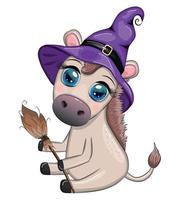 mignonne âne dans violet sorcière chapeau, avec balai, citrouille, potion. Halloween carte pour le vacances. vecteur