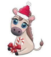mignonne âne dans Père Noël chapeau avec ballon, cadeau, bonbons Kane, la glace patinage et hiver des sports. carte postale pour Noël et Nouveau an. vecteur