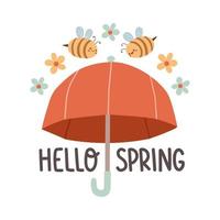 Bonjour printemps main tiré plat vecteur illustration. caractères printemps saison avec parapluie pour salutation carte