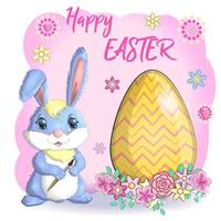 Pâques lapin lapin dessin animé personnage avec panier plein de peint Pâques des œufs vecteur