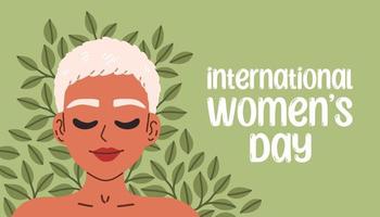 international aux femmes journée. vecteur illustration de content souriant femme avec feuilles sur vert Contexte. isolé eps10