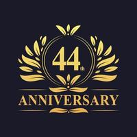 Conception du 44e anniversaire, logo d'anniversaire de 44 ans de couleur dorée luxueuse. vecteur