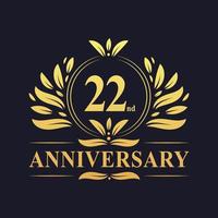 Conception du 22e anniversaire, logo d'anniversaire de 22 ans de couleur dorée luxueuse. vecteur