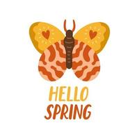 Bonjour printemps main tiré plat vecteur illustration. caractères printemps saison avec papillon pour salutation carte