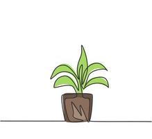 Un seul dessin d'une seule ligne de plantes en pot avec cinq feuilles en croissance est utilisé pour les plantes ornementales. plantes vertes fraîches à l'oeil dans le salon. une ligne dessiner illustration vectorielle graphique de conception. vecteur