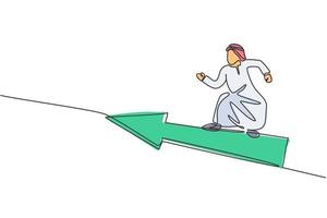 dessin d'une seule ligne d'un jeune entrepreneur masculin arabe volant avec le symbole de la flèche vers l'avant. concept minimal de croissance rapide de l'entreprise. illustration vectorielle graphique de conception de ligne continue moderne vecteur