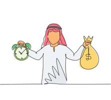 dessin continu d'une ligne jeune travailleur arabe tenant un sac d'argent et un réveil avec ses mains. concept de date limite d'entreprise de métaphore de minimalisme. illustration graphique de vecteur de conception de dessin à une seule ligne.