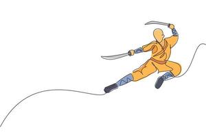 dessin en ligne continue unique d'un jeune moine shaolin musclé tenant l'épée et le train sautant le coup de pied au temple. concept de combat de kung fu traditionnel chinois. une ligne dessiner illustration vectorielle de conception vecteur