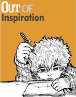 une garçon qui est séance sur le sien chaise et en essayant à dessiner quelque chose sur le sien Vide papier. vecteur illustration de un original personnage avec manga style.