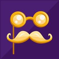 pourim carnaval costume d'or masque avec marrant des lunettes et moustache, de clown masque dans élégant dessin animé style, vecteur décoratif objet pour des soirées et festivals.