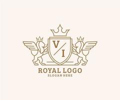 initiale vi lettre Lion Royal luxe héraldique, crête logo modèle dans vecteur art pour restaurant, royalties, boutique, café, hôtel, héraldique, bijoux, mode et autre vecteur illustration.