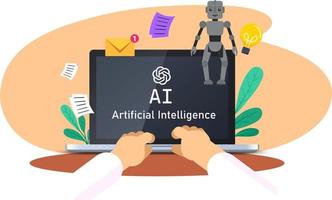 homme d'affaire travail sur portable en utilisant ai technologie. ai ou artificiel intelligence intelligent ai ou artificiel intelligence vecteur illustration en utilisant chatbot, artificiel intelligence développé par openai.