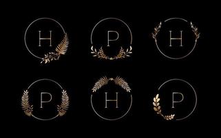logos de luxe sertis de feuilles dorées et ligne ronde. conception d'illustration vectorielle vecteur