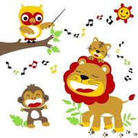 mignonne animaux en chantant ensemble dans le jungle avec souriant soleil, vecteur dessin animé illustration