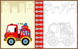 camion de pompier vecteur dessin animé illustration sur bâtiments arrière-plan, coloration page ou livre