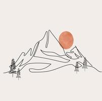 minimaliste Montagne ligne art, paysage contour dessin, sport illustration, vecteur conception, nature, pin arbre, les bois, lever du soleil, coucher de soleil, magnifique voir, forêt