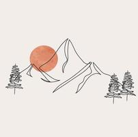 minimaliste Montagne ligne art, paysage contour dessin, sport illustration, vecteur conception, nature, pin arbre, les bois, lever du soleil, coucher de soleil, magnifique voir, forêt